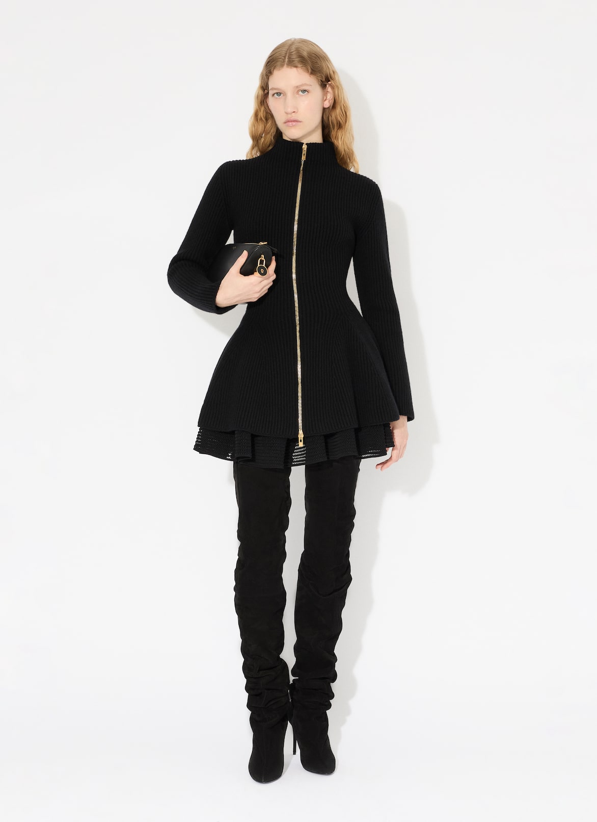 FLARED RIBBED KNIT CARDIGAN  ALAÏA BLACK FLARED RIBBED KNIT CARDIGAN